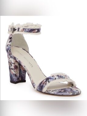 New Stuart Weitzman Purple-Blue Frayed Floral Ankle-Strap Block Heel Sandal